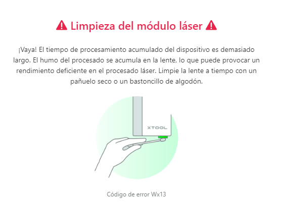 mensaje de error limpieza lente xtool M1